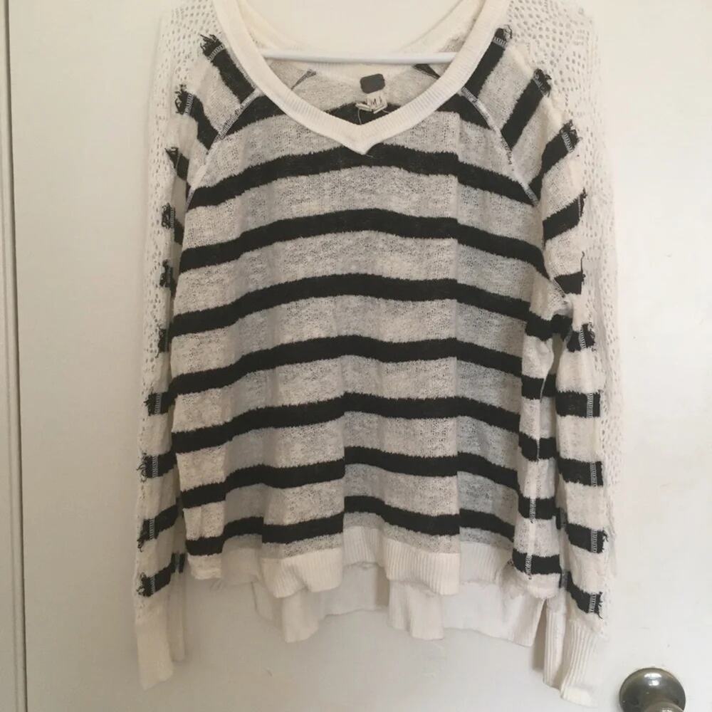 We The Free mixed media black/white striped sweater w/lace inserts, size medium